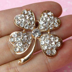 Four Leaf Clover Cabochon / Rhinestone Clover Pendant Charm / Alloy Metal Cabochon (Gold / 32mm x 35mm) Bling Floral Embellishment CAB121