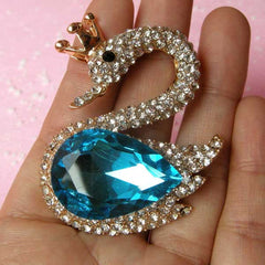 Large Swan Metal Cabochon with Rhinestones / Animal Cabochon (Blue / 43mm x 53mm) Bling Bling Embellishment Bird Jewellery Decoden CAB126