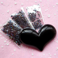 CLEARANCE Kawaii Big Heart Cabochons w/ AB Black Rhinestones Set (Black) (55mm x 38mm) - DIY Kawaii Bling Bling Cell Phone Deco Kit CAB-R04
