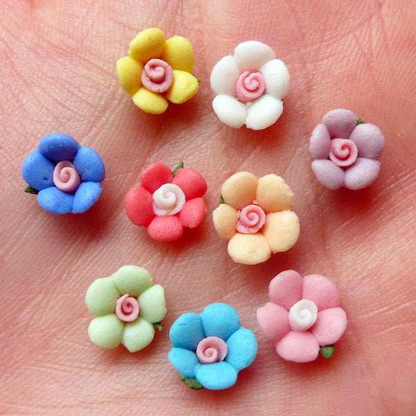 CLEARANCE Tiny Flower Cabochon Set (9pcs) (8mm) Fake Miniature Cupcake Topper Earring Making Nail Art Decoration NAC036