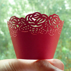 CLEARANCE Cupcake Wrappers - Red Rose - Laser Cut Red Cupcake Wrapper - Cake Deco / Cupcake Decoration / Packaging (6pcs) CUP09