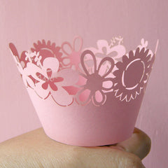 Cupcake Wrappers - Light Pink Flower - Laser Cut Pink Cupcake Wrapper - Cake Deco / Cupcake Decoration / Packaging (6pcs) CUP11