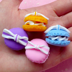 Polymer Clay Macaron Cabochon w/ Bow (4pcs / 23mm x 20mm / Pink, Purple, Orange & Blue / 3D) Fimo Sweets Decoden Fake Food Jewellery FCAB056