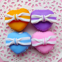 CLEARANCE Heart Macaron Cabochon w/ Bow (4pcs / 24mm x 22mm / Pink, Purple, Orange & Blue / 3D) Polymer Clay Sweets Deco Kawaii Embellishment FCAB057