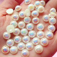 CLEARANCE 8mm AB Cream White Half Pearl Cabochons / Round Flat Back Faux Pearlized Cabochons (around 80 pcs) PEAB-C8