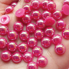 CLEARANCE 8mm AB Dark Pink Half Pearl Cabochons / Round Flat Back Faux Pearlized Cabochons (around 80 pcs) PEAB-D8