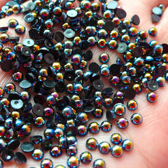CLEARANCE 3mm AB BLACK Half Pearl Cabochons / Round Flat Back Faux Pearlized Cabochons (around 250-300 pcs) PEAB-K3