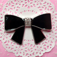 CLEARANCE Black Ribbon Metal Cabochon w/ Rhinestones (64mm x 41mm) Cell Phone Case Deco Bling Jewellery Wedding Decoration Bow Embellishment CAB136