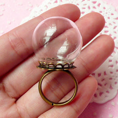 Glass Dome / Clear Glass Globe Ring / Glass Bubble / Glass Bottle (24mm) with Bronze Lace Adjustable Ring (1 Set) Miniature Terrarium F045