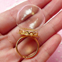 Miniature Terrarium Ring / Clear Glass Globe / Glass Bottle / Glass Bubble / Glass Dome (24mm) with Gold Lace Adjustable Ring (1 Set) F046