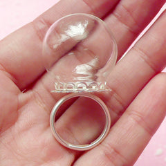Glass Globe Ring / Clear Glass Bottle / Glass Bubble (24mm) with Silver Lace Adjustable Ring (1 Set) Miniature Terrarium Glass Dome F047