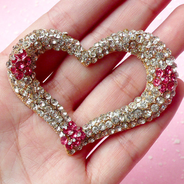 Large Metal Heart Cabochon with Rhinestones (Dark Pink / 63mm x 49mm) Bling Bling Phone Case Wedding Supplies Big Love Embellishment CAB161