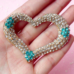 Rhinestones Heart Cabochon / Big Bling Bling Metal Cabochon (Blue / 63mm x 49mm) Sparkle Cellphone Case Large Luxury Decoden Piece CAB160