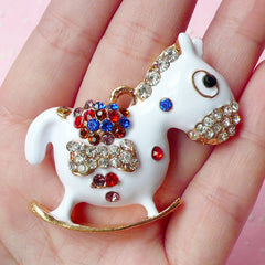 Large Rocking Horse Charm Pendant with Rhinestone / Metal Animal Cabochon (47mm x 41mm / White) Bling Jewelry Necklace Making Decoden CAB166