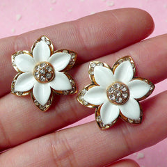 CLEARANCE Flower Metal Cabochon / Floral Decoden Piece (2pcs / 23mm / White & Gold with Clear Rhinestones) Scrapbooking Flower Earrings Making CAB174
