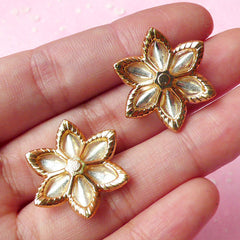CLEARANCE Flower Metal Cabochon / Floral Decoden Piece (2pcs / 23mm / White & Gold with Clear Rhinestones) Scrapbooking Flower Earrings Making CAB174