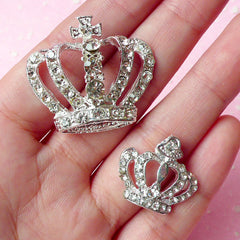 Rhinestone Crown Cabochons / Bling Bling Alloy Metal Cabochon (Silver / 1 Set / 21mm & 32mm) Decoden Pieces Hair Jewellery Making CAB176