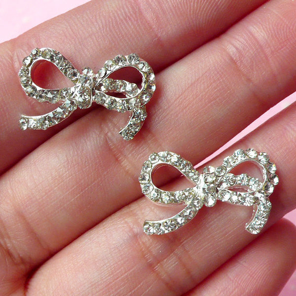 Ribbon Metal Cabochon (Silver) w/ Clear Rhinestones (20mm x 12mm) (2pcs) Cell Phone Deco Earrings Making Decoration Decoden Supplies CAB178
