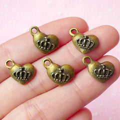 Heart with Crown Charms Antique Bronzed (5pcs) (11x14mm) Metal Finding Pendant Bracelet Earrings Zipper Pulls Bookmarks Key Chains CHM023