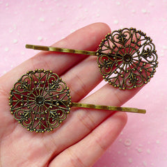 Filigree Hair Clips / Barrette Hairclips / Flower Hairpin / Flower Hairpins with 32mm Filigree Pad (10pcs / Bronze) Hair Accessories F061