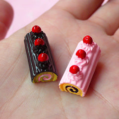 Swiss Roll Resin Cabochon Decoden Sweets Cabochon (2pcs / 10mm x 20mm / Strawberry & Chocolate) Dollhouse Miniature Kawaii Supplies FCAB067