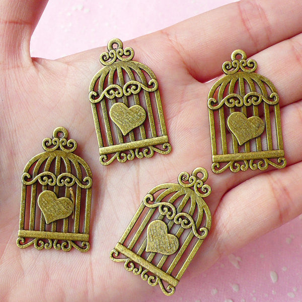 Bird Cage w/ Love Charms (4pcs) (34mm x 20mm) Antique Bronzed Metal Finding Pendant Bracelet Earrings Zipper Pulls Bookmark Keychains CHM035