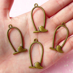 Bird on a Swing Charms (4pcs) (35mm x 17mm) Antique Bronzed Metal Finding Pendant Bracelet Earrings Zipper Pulls Bookmark Keychains CHM036