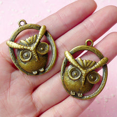 Owl Charms (2pcs) (35mm x 27mm) Antique Bronzed Metal Finding Pendant Bracelet Earrings Zipper Pulls Bookmark Keychains CHM037