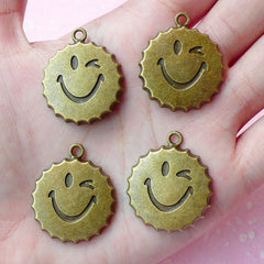 Bottle Cap Charms Smiley Charms (4pcs) (29mm x 24mm) Antique Bronzed Metal Finding Pendant Bracelet Zipper Pulls Bookmark Keychains CHM055