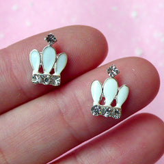 Tiny Crown Cabochon Set (2pcs) (Silver, White w/ Clear Rhinestones) Fake Miniature Cupcake Topper Earring Making Nail Art Decoration NAC054