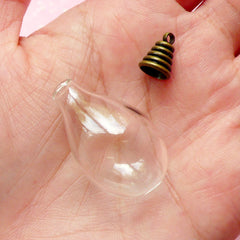 Glass Globe Tear Drop / Glass Bottle / Clear Glass Bubble (30mm x 18mm) w/ Bronze Plated Cover (1 Set) DIY Jewelry Pendant Charm Making F065