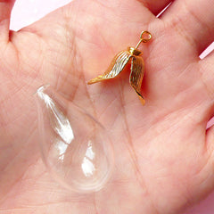 Tear Drop Glass Bubble / Glass Globe (30mm x 18mm) w/ Gold Plated Flower / Leaf Cover (1 Set) DIY Pendant Charm Miniature Glass Bottle F068