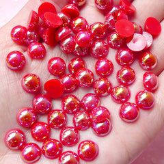 CLEARANCE 8mm AB Red Half Pearl Cabochons / Round Flat Back Faux Pearlized Cabochons (around 80 pcs) PEAB-R8