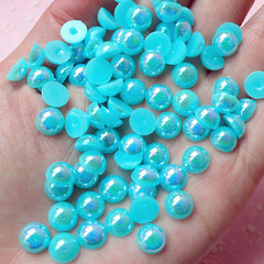 CLEARANCE 8mm AB Sky Blue Half Pearl Cabochons / Round Flat Back Faux Pearlized Cabochons (around 80 pcs) PEAB-SB8
