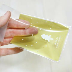 Christmas Tree Gift Bags Merry Christmas (20 pcs / Gold) Self Adhesive Resealable Plastic Handmade Gift Wrapping Bags (10cm x 10.1cm) GB022