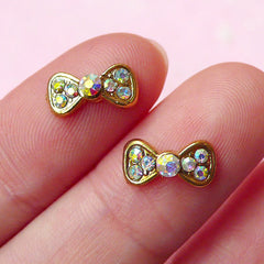 Tiny Bowtie Bow Cabochon (2pcs) (Gold w/ AB Clear Rhinestones) Fake Miniature Cupcake Topper Earring Making Nail Art Decoration NAC066