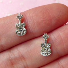 Mini Acoustic Guitar Cabochon (2pcs) (Silver w/ Clear Rhinestones) Fake Miniature Cupcake Topper Earring Making Nail Art Decoration NAC074