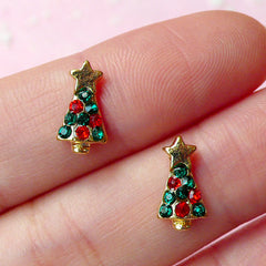 CLEARANCE Mini Christmas Tree Cabochon (2pcs) (Gold w/ Green and Red Rhinestones) Fake Miniature Cupcake Topper Earring Making Nail Art Deco NAC077