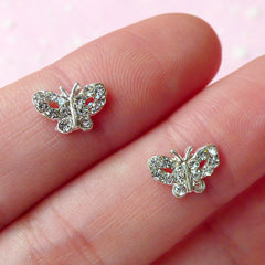 Mini Butterfly Cabochon (2pcs) (Silver w/ Clear Rhinestones) Fake Miniature Cupcake Topper Earring Making Nail Art Decoration NAC070