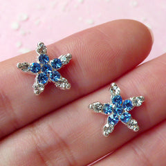 Mini Sea Star Cabochon (2pcs) (Silver w/ Blue and Clear Rhinestones) Fake Miniature Cupcake Topper Earring Making Nail Art Decoration NAC078