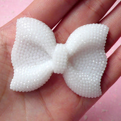BIG Bow Cabochon (White) with White Rhinestones 53mm x 41mm Kawaii Big Cabochon Cell phone Deco Decoden CAB199