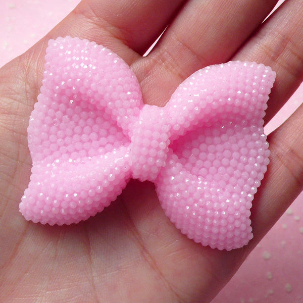 BIG Bow Cabochon (Light Pink) with Light Pink Rhinestones 53mm x 41mm Kawaii Big Cabochon Cell phone Deco Decoden CAB202