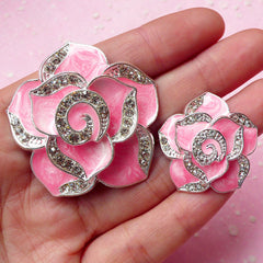Rose Cabochon / Metal Flower Cabochon (2pcs / Pink, Silver with Clear Rhinestones / 27mm & 42mm) Floral Cell Phone Case Decoration CAB203