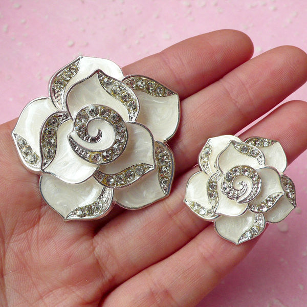 Rhinestone Rose Flower Cabochon / Alloy Metal Cabochon (2pcs / Marble White, Silver / 27mm & 42mm) Bling Floral Jewellery Making CAB204
