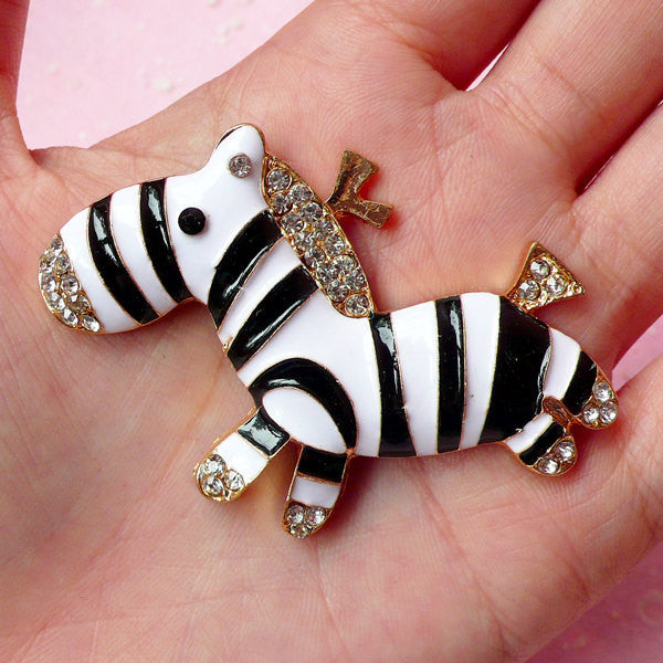 Zebra Metal Cabochon (Black & White) with Clear Rhinestones (53mm x 48mm) Cell Phone Deco Scrapbooking Decoration Decoden Supplies CAB210