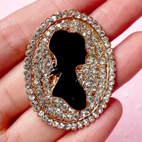 Lady Cameo Metal Cabochon (Gold) w/ Clear Rhinestones (42mm x 33mm) Cell Phone Deco Scrapbooking Jewelry Making Decoden Supplies CAB212