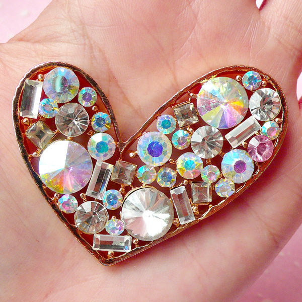 Heart Metal Cabochon (Gold Color) with Clear and AB Rhinestones (53mm x 47mm) Cell Phone Deco Scrapbooking Decoden Supplies CAB211