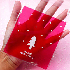Christmas Tree Gift Bags "Merry Christmas" (20 pcs / Red) Self Adhesive Resealable Plastic Handmade Gift Wrapping Bags (10cm x 11cm) GB028