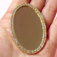 Rhinestone Mirror Metal Cabochon in Deluxe Style / Miniature Doll Mirror (Oval / 37mm x 55mm) Bling Bling Phone Case Decoden Piece CAB224