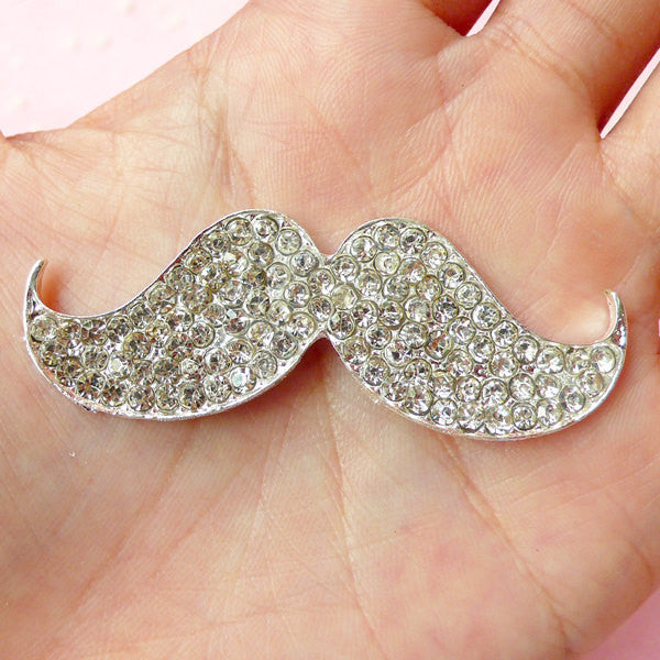 Bling Mustache Cabochon / Large Moustache Metal Cabochon (55mm x 20mm / Silver with Clear Rhinestones / Flatback) Whimsy Jewellery CAB231